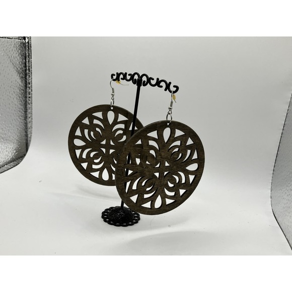 Floral Medallion Wooden Elegance Large Earrings! - Picture 2 of 6